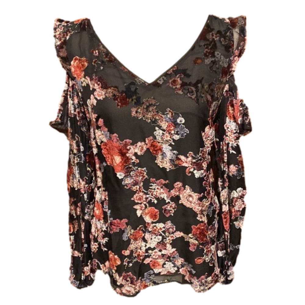 White House Black Market velour cold shoulder black floral blouse.